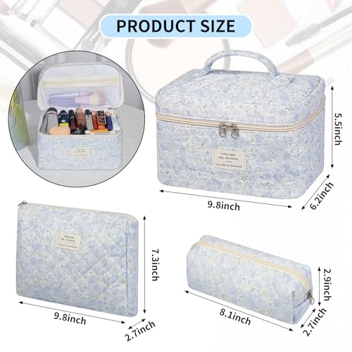 senbowe Floral Makeup Bag 3 Pack Large Cotton Quilted Makeup Bag Set Cute Floral Coquette Aesthetic Toiletry Bag Make Up Cosmetic Bag for Women Toiletry Travel Make Up Organizer Bag - Image 3