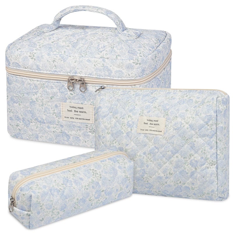 senbowe Floral Makeup Bag 3 Pack Large Cotton Quilted Makeup Bag Set Cute Floral Coquette Aesthetic Toiletry Bag Make Up Cosmetic Bag for Women Toiletry Travel Make Up Organizer Bag - Image 2