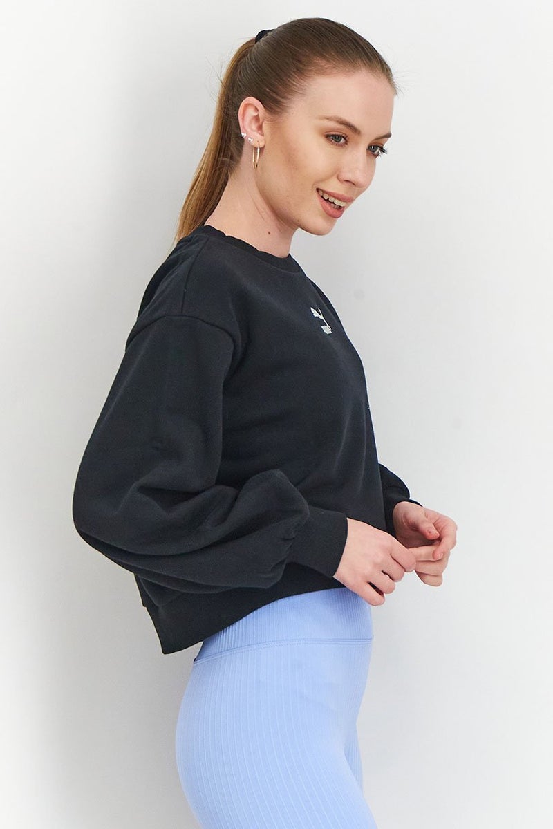 Women Crew Neck Embroidered Logo Sweatshirt, Black
