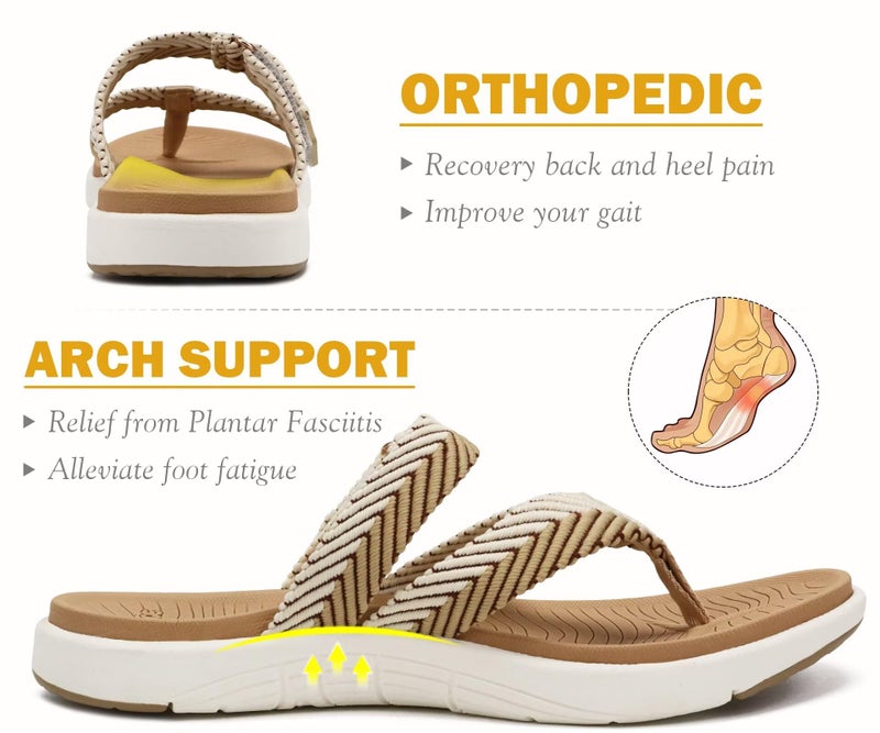 COFACE Womens Orthotic Flip Flops Ladies Slip On Sport Yoga Mat Memory Foam Cushion Recovery Walking Thong Sandals Summer Beach Pool Slippers Comfortable Plantar Fasciitis Arch Support Beige Size 7 - Image 3