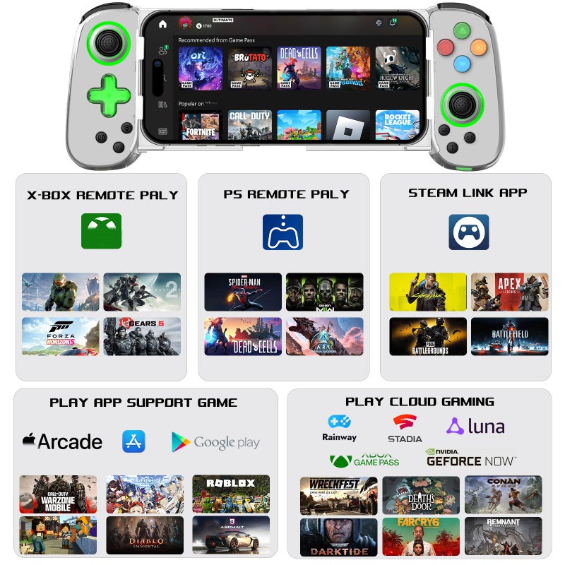 arVin Wireless Gaming Controller for iPhone, Android with Phone CASE Support & Green Light, Bluetooth Gamepad for iPhone/iPad/Samsung/Tablet/Switch/PS4/PC, Call of Duty Mobile, Genshin Impact, Diablo - Image 3