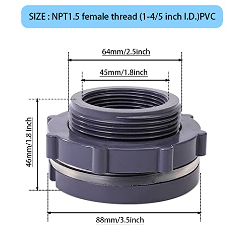 Sanpaint 1.5 Inch PVC Bulkhead Fitting for Water Barrel, Water Tank, Rain Barrels,NPT1.5 female thread (1-4/5 inch I.D.) PVC - Image 2