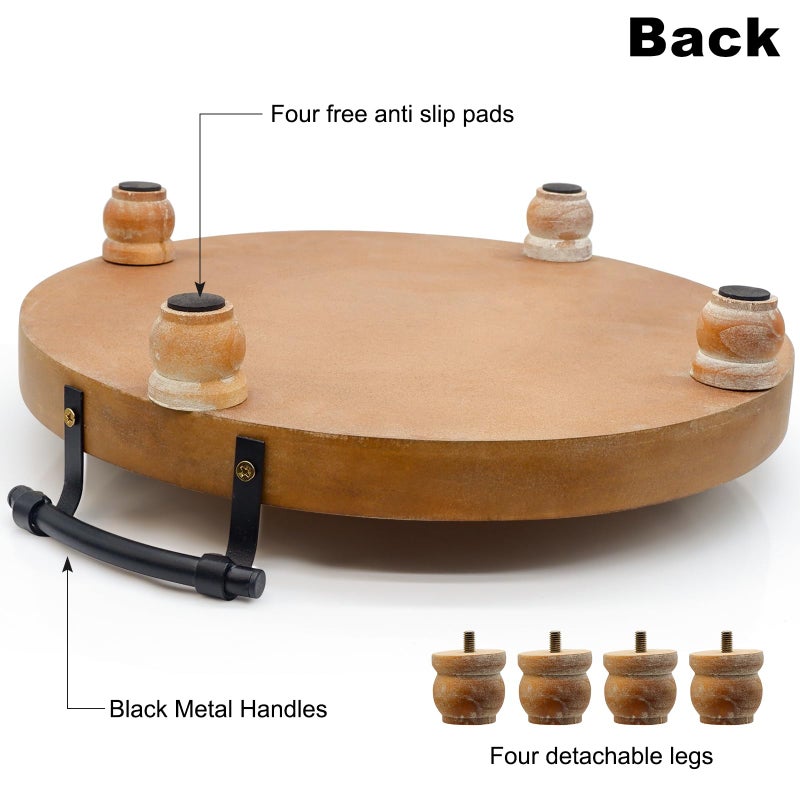 TOOLTENG Wooden Decorative Tray for Coffee Table, Round Wood Serving Tray with Metal Handles, 13 Inch Rustic Wood Trays for Tale Centerpiece, Home Kitchen Farmhouse Decor - Image 3