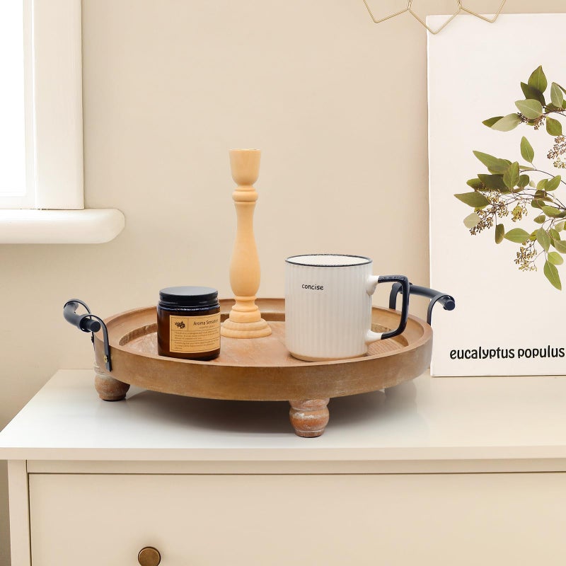 TOOLTENG Wooden Decorative Tray for Coffee Table, Round Wood Serving Tray with Metal Handles, 13 Inch Rustic Wood Trays for Tale Centerpiece, Home Kitchen Farmhouse Decor - Image 5