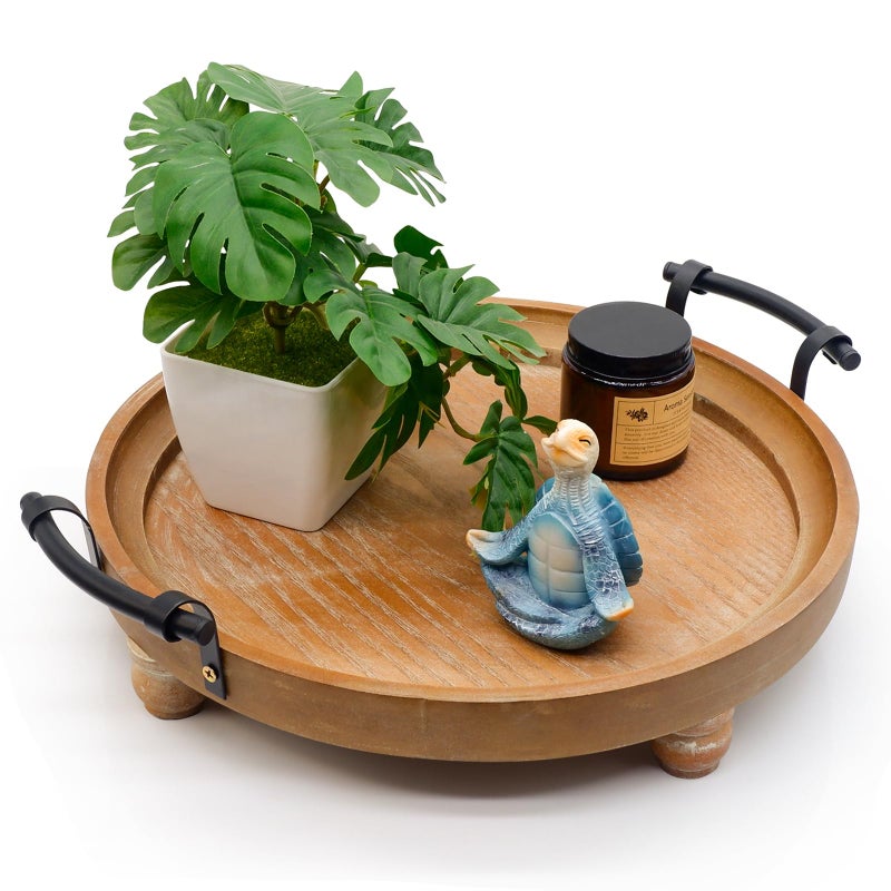 TOOLTENG Wooden Decorative Tray for Coffee Table, Round Wood Serving Tray with Metal Handles, 13 Inch Rustic Wood Trays for Tale Centerpiece, Home Kitchen Farmhouse Decor - Image 1