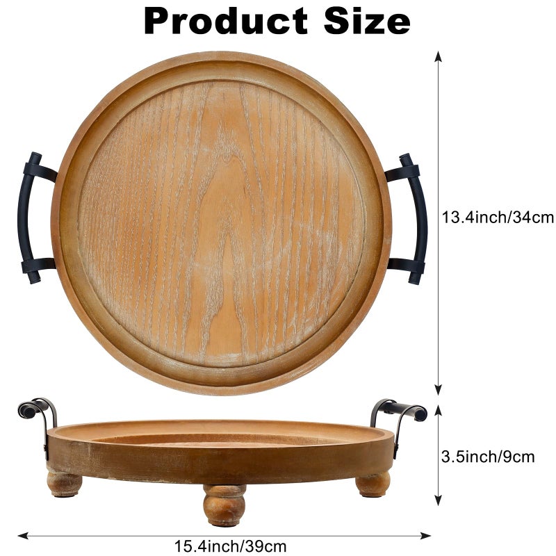 TOOLTENG Wooden Decorative Tray for Coffee Table, Round Wood Serving Tray with Metal Handles, 13 Inch Rustic Wood Trays for Tale Centerpiece, Home Kitchen Farmhouse Decor - Image 2