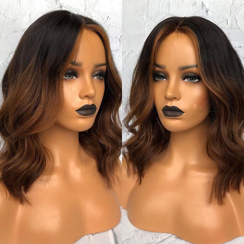 13x6 Loose Wave Highlights 1b30 Short Bob Human Hair Wig HD Transparent Lace Front wig Brazilian Hair 10inch Ombre Black Brown Color 150 Density Short Wig Wave Pre Plucked With Baby Hair