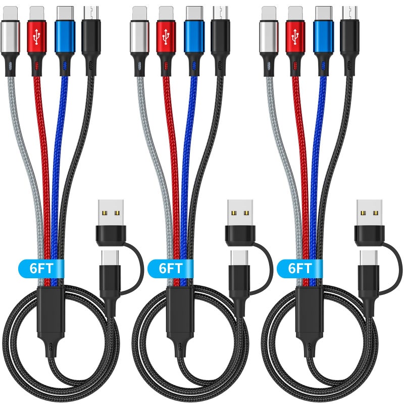 HanCenDa Multi Charging Cable (3Pack 6FT) 4 in 1 USB Charging Cable for Multiple Devices, Braided Universal Phone Charger Cord with USB A/C to 2*Lighting/Typc C/Micro USB Port for iPhone 17/16/15/Android Phone - Image 1