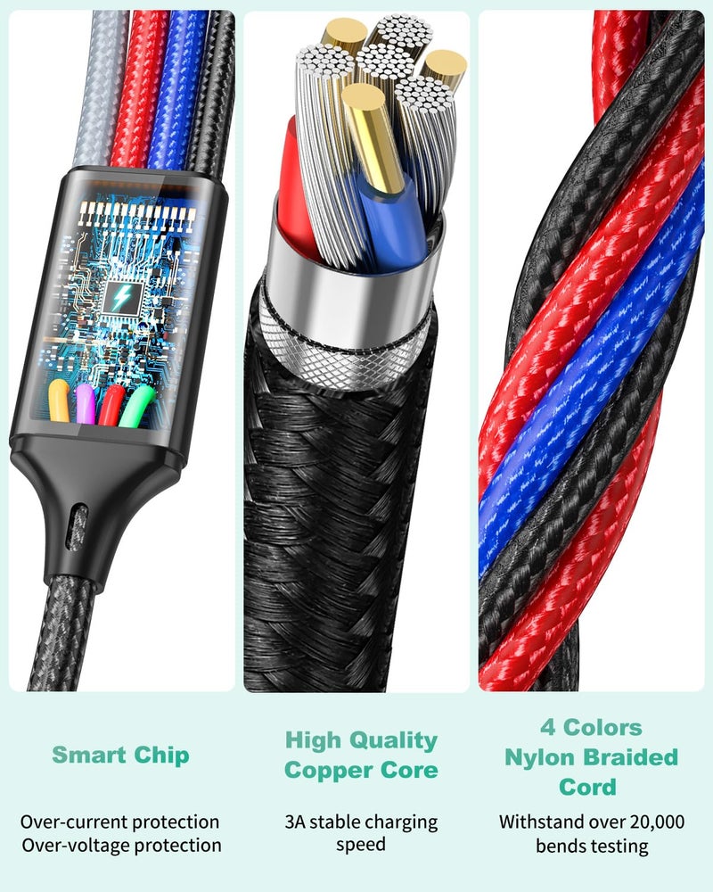 HanCenDa Multi Charging Cable (3Pack 6FT) 4 in 1 USB Charging Cable for Multiple Devices, Braided Universal Phone Charger Cord with USB A/C to 2*Lighting/Typc C/Micro USB Port for iPhone 17/16/15/Android Phone - Image 4