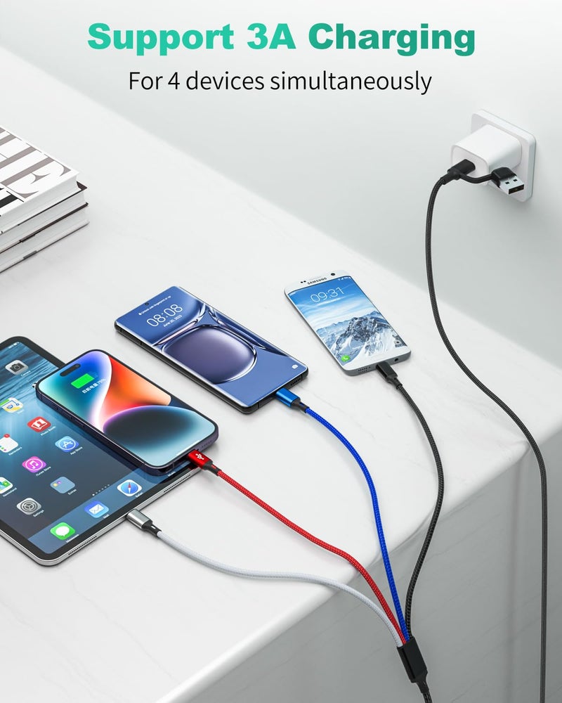 HanCenDa Multi Charging Cable (3Pack 6FT) 4 in 1 USB Charging Cable for Multiple Devices, Braided Universal Phone Charger Cord with USB A/C to 2*Lighting/Typc C/Micro USB Port for iPhone 17/16/15/Android Phone - Image 2