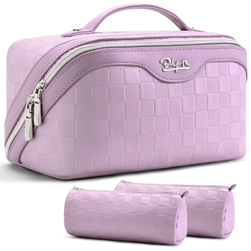 BOYATU Travel Makeup Bag Organizer Cosmetic Bag: 3 Pcs Set Make up Bags for Women with Handle - Waterproof Vegan Leather Toiletry Bags Travel Essentials Pouch with Compartments (02-Purple) - Image 1