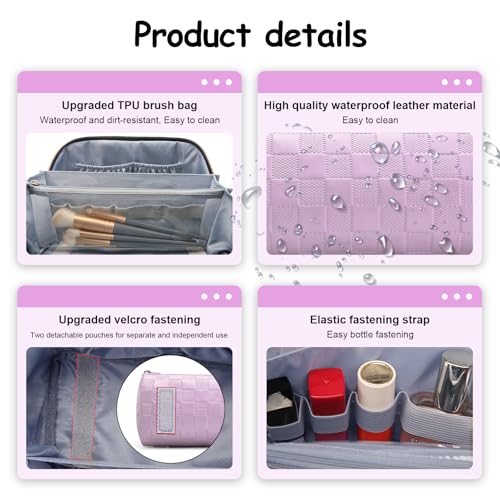 BOYATU Travel Makeup Bag Organizer Cosmetic Bag: 3 Pcs Set Make up Bags for Women with Handle - Waterproof Vegan Leather Toiletry Bags Travel Essentials Pouch with Compartments (02-Purple) - Image 5
