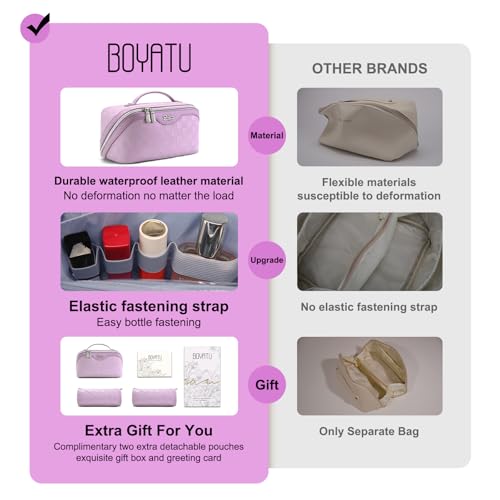 BOYATU Travel Makeup Bag Organizer Cosmetic Bag: 3 Pcs Set Make up Bags for Women with Handle - Waterproof Vegan Leather Toiletry Bags Travel Essentials Pouch with Compartments (02-Purple) - Image 3