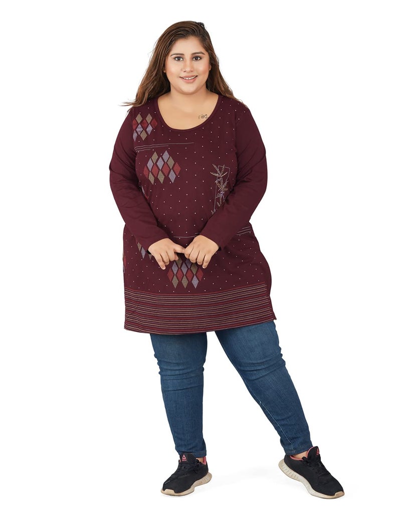 CUPID Women Plus Size Cotton Round Neck Full Sleeves T-Shirt,Night n Sleep Wear, Daily Use Gym n Lounge Wear Long Tops with Pocket for Ladies_Wine_5XL - Image 1