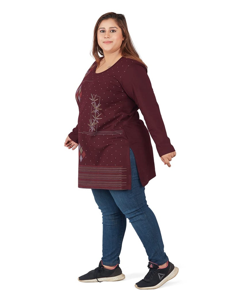 CUPID Women Plus Size Cotton Round Neck Full Sleeves T-Shirt,Night n Sleep Wear, Daily Use Gym n Lounge Wear Long Tops with Pocket for Ladies_Wine_5XL - Image 4