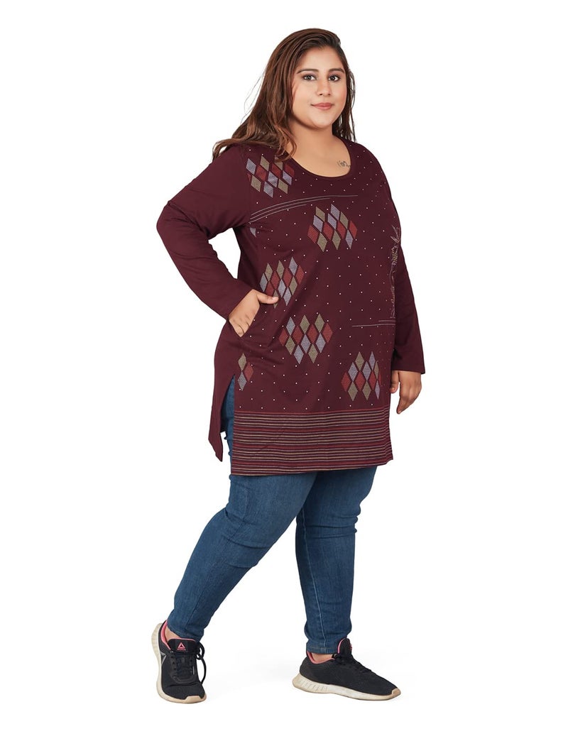 CUPID Women Plus Size Cotton Round Neck Full Sleeves T-Shirt,Night n Sleep Wear, Daily Use Gym n Lounge Wear Long Tops with Pocket for Ladies_Wine_5XL - Image 3