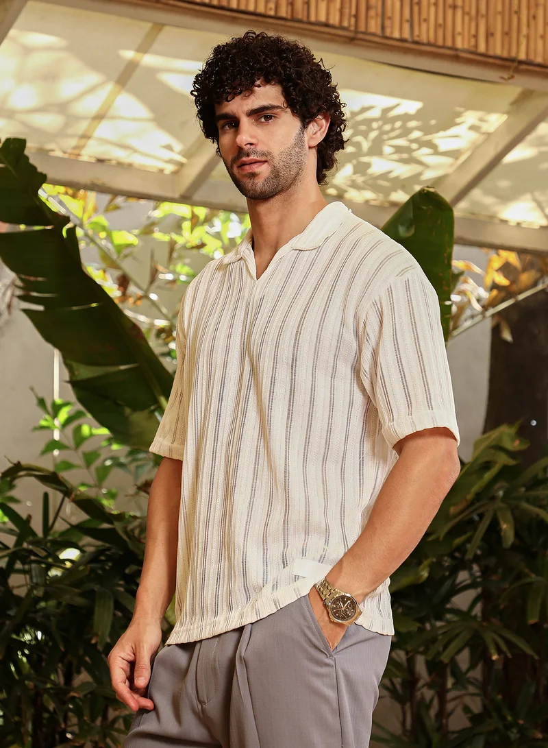 Campus Sutra Men's Off-White Duo-Striped Relaxed Polo T-Shirt