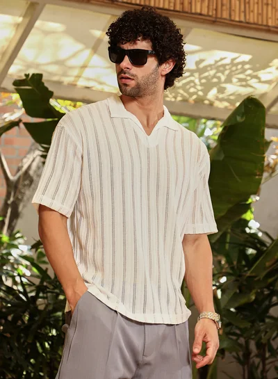 Campus Sutra Men's Off-White Duo-Striped Relaxed Polo T-Shirt