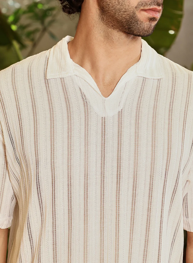 Campus Sutra Men's Off-White Duo-Striped Relaxed Polo T-Shirt