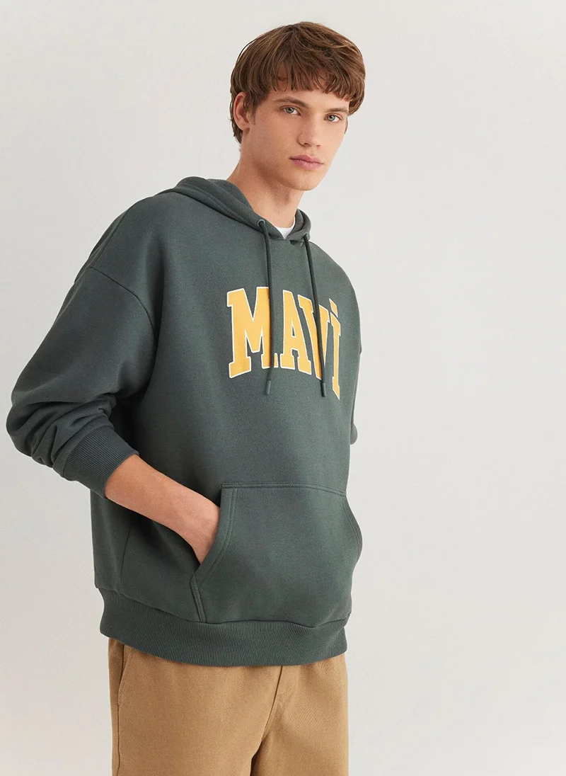 MAVI Blue Logo Printed Hooded Green Sweatshirt