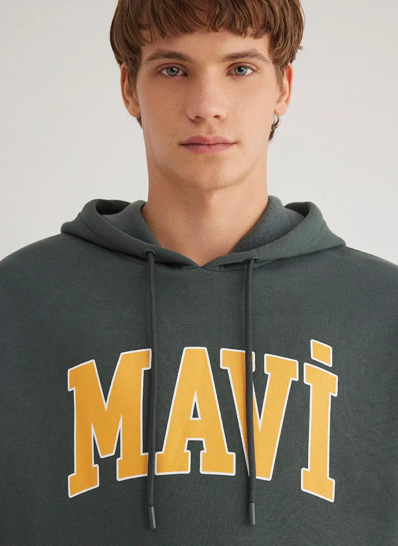 MAVI Blue Logo Printed Hooded Green Sweatshirt