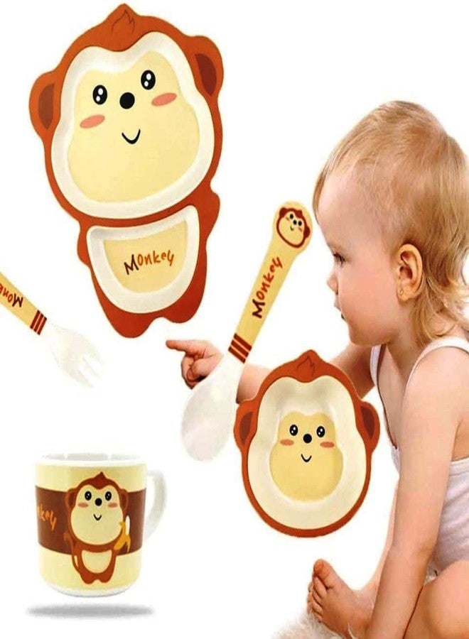 PANSHUB Monkey Bamboo Dish Set Eco Friendly Bamboo Fiber Dinner Set, 5 Pcs Tableware Crockery Set for Weaning Toddler & Self Feeding Baby Utensil Set for Baby Kids (Monkey Bamboo Fiber Dinner Set) - Image 4