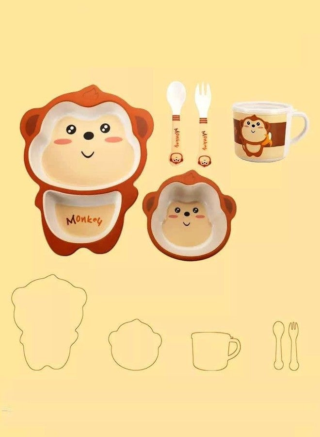 PANSHUB Monkey Bamboo Dish Set Eco Friendly Bamboo Fiber Dinner Set, 5 Pcs Tableware Crockery Set for Weaning Toddler & Self Feeding Baby Utensil Set for Baby Kids (Monkey Bamboo Fiber Dinner Set) - Image 3