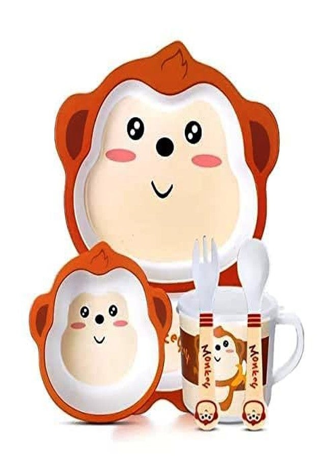 PANSHUB Monkey Bamboo Dish Set Eco Friendly Bamboo Fiber Dinner Set, 5 Pcs Tableware Crockery Set for Weaning Toddler & Self Feeding Baby Utensil Set for Baby Kids (Monkey Bamboo Fiber Dinner Set) - Image 1