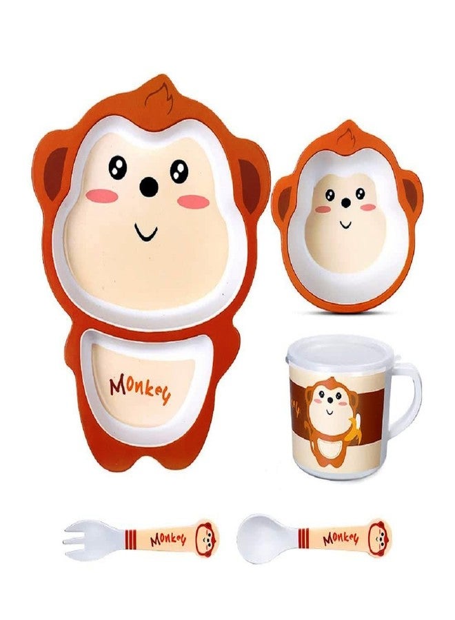 PANSHUB Monkey Bamboo Dish Set Eco Friendly Bamboo Fiber Dinner Set, 5 Pcs Tableware Crockery Set for Weaning Toddler & Self Feeding Baby Utensil Set for Baby Kids (Monkey Bamboo Fiber Dinner Set) - Image 2