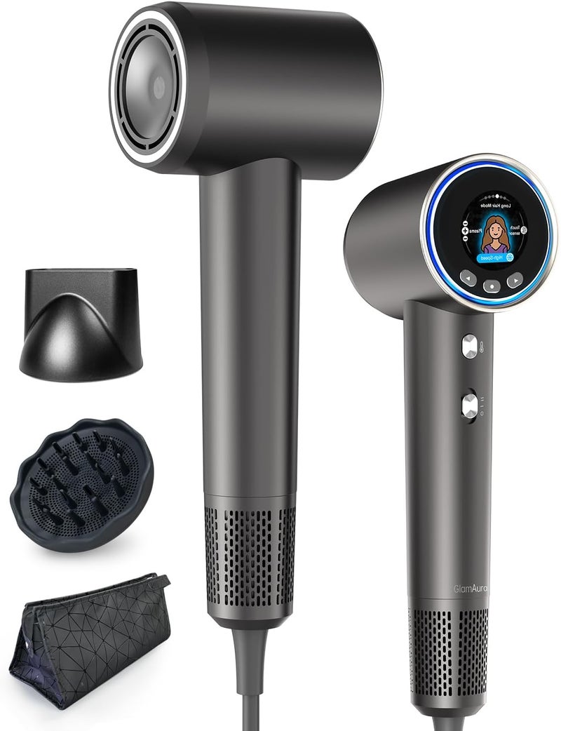 GlamAura Hair Dryer, 3.6 Billion Plasma Ionic Hairdryer with Screen, Child/Pet Mode,Cool Shot,110000RPM High Speed Blow Dryer Fast Drying, Low Noise Thermo-Control Hair Dryer with Diffuser & Nozzle Storage Bag - Image 1