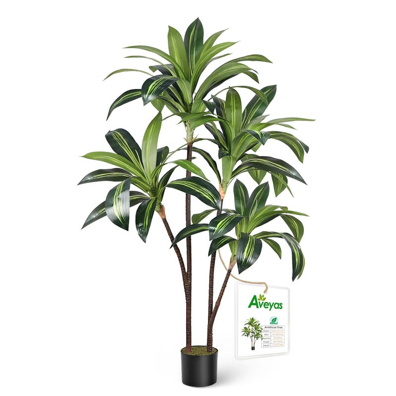 Aveyas 4ft Artificial Dracaena Tree for Home Decor, 4 Feet Real Touch Large Faux Plant Fake Silk Floor Trees with Pot for Indoor Outdoor House Living Room Office (4 ft Tall) - Image 1
