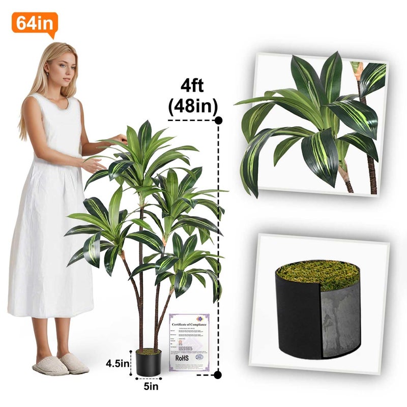 Aveyas 4ft Artificial Dracaena Tree for Home Decor, 4 Feet Real Touch Large Faux Plant Fake Silk Floor Trees with Pot for Indoor Outdoor House Living Room Office (4 ft Tall) - Image 2