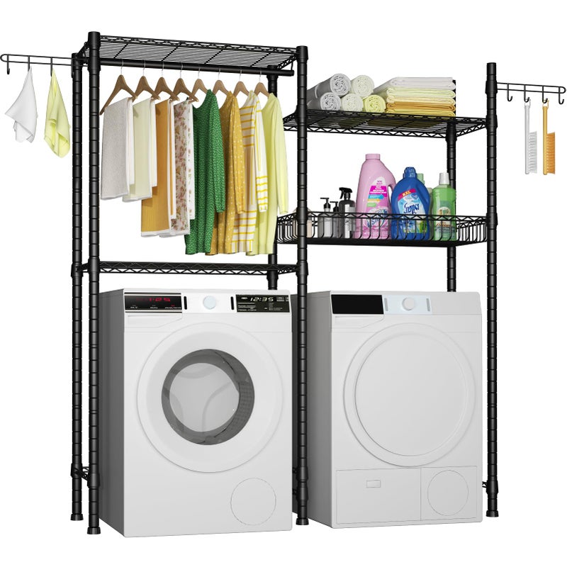 Ulif Ulif Clothes Drying Rack Over Washer and Dryer Laundry Room Bathroom Towel Storage Shelf Space Saver with Adjustable Shelves Wire Basket and Rotatable Hooks 634L x 134D x 767H Black 