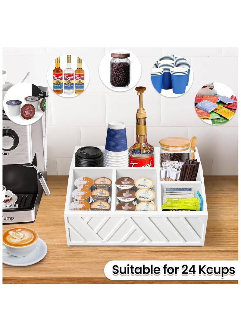 XICEN - Coffee Station Organizer for Counter, Wood Coffee Pods Holder Storage Basket, Coffee and Tea Condiment Storage Organizer (White) - Image 1