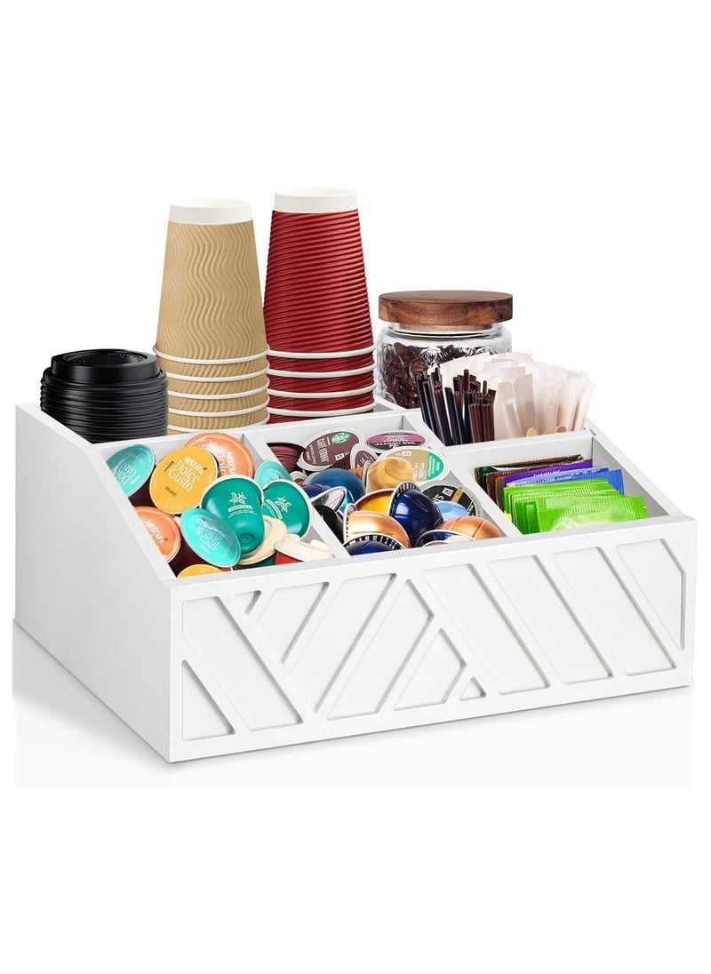 XICEN - Coffee Station Organizer for Counter, Wood Coffee Pods Holder Storage Basket, Coffee and Tea Condiment Storage Organizer (White) - Image 1