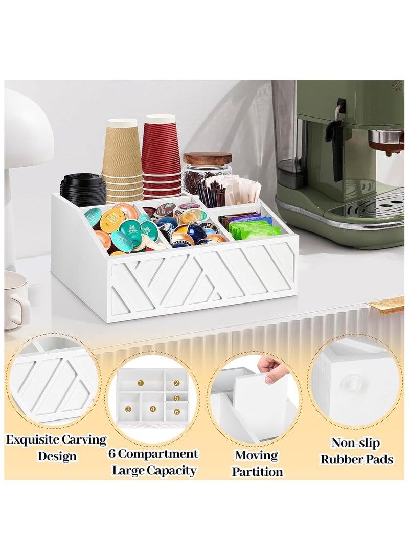 XICEN - Coffee Station Organizer for Counter, Wood Coffee Pods Holder Storage Basket, Coffee and Tea Condiment Storage Organizer (White) - Image 1