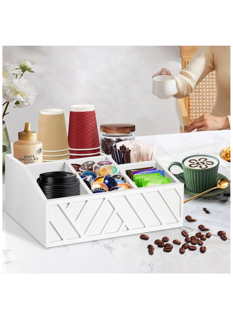 XICEN - Coffee Station Organizer for Counter, Wood Coffee Pods Holder Storage Basket, Coffee and Tea Condiment Storage Organizer (White) - Image 1