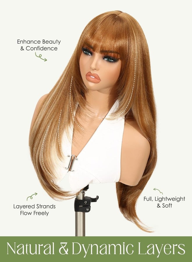 Quantum Love Long Straight Ombre Brown Blonde Wig With Bangs Brown Highlights Layered Wigs for Women Glueless Realistic Synthetic Hair Daily Party Use（Ombre Brown Blonde - Image 3