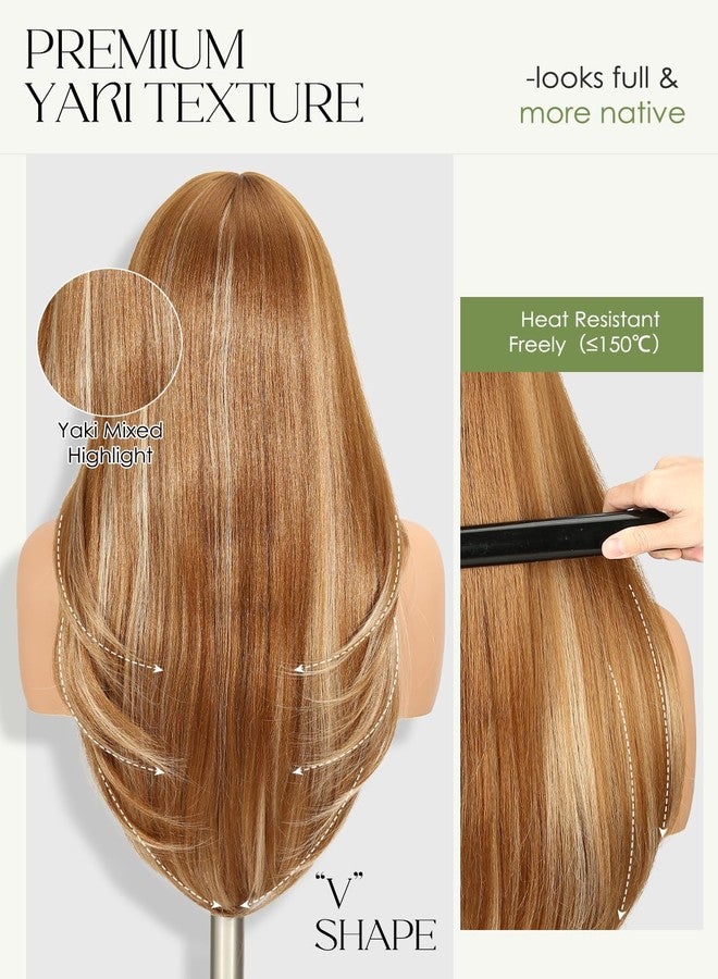 Quantum Love Long Straight Ombre Brown Blonde Wig With Bangs Brown Highlights Layered Wigs for Women Glueless Realistic Synthetic Hair Daily Party Use（Ombre Brown Blonde - Image 5