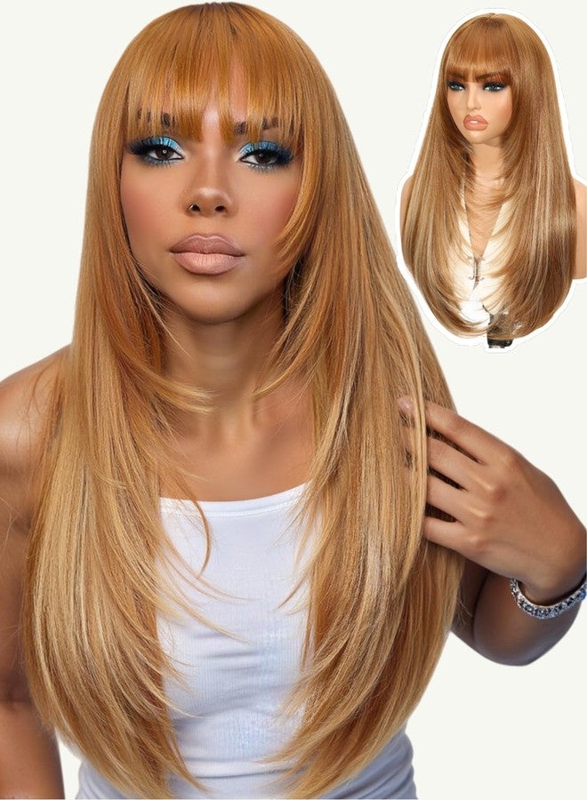 Quantum Love Long Straight Ombre Brown Blonde Wig With Bangs Brown Highlights Layered Wigs for Women Glueless Realistic Synthetic Hair Daily Party Use（Ombre Brown Blonde - Image 1