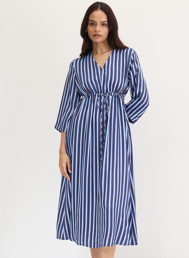 Femmella Navy Blue Striped Midi Dress with 3/4 Sleeves - Image 1