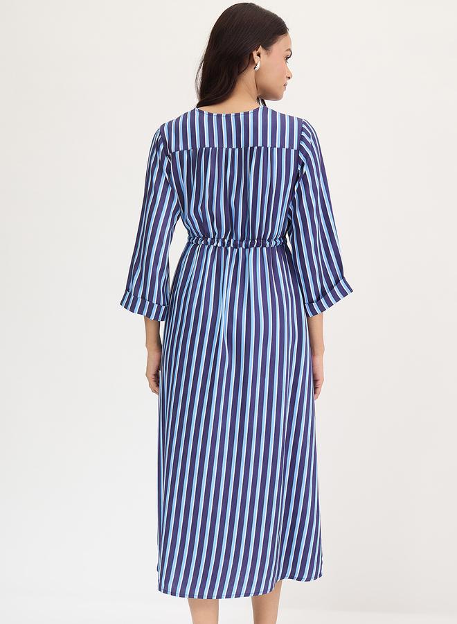 Femmella Navy Blue Striped Midi Dress with 3/4 Sleeves - Image 3