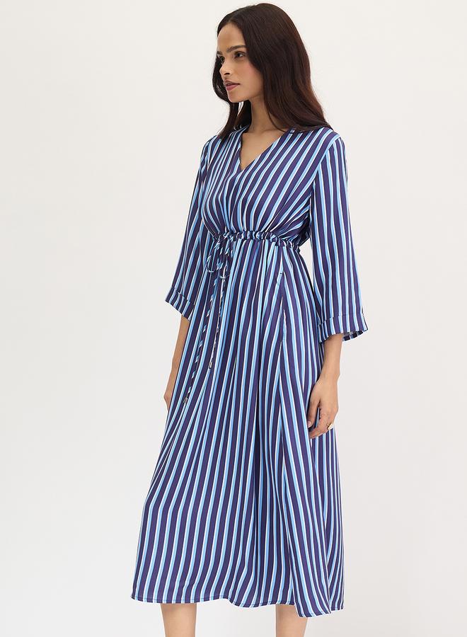 Femmella Navy Blue Striped Midi Dress with 3/4 Sleeves - Image 2