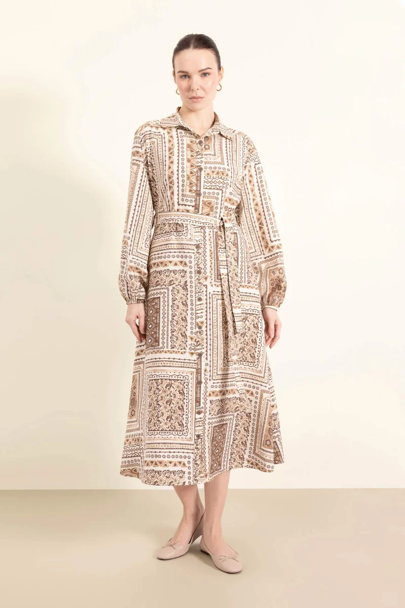 ديفاكتو Shirt Collar Patterned Aerobin Belted Midi Dress