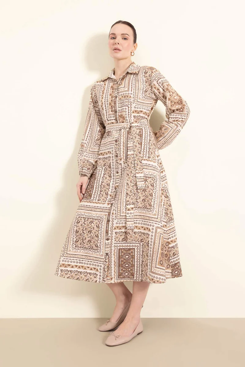 ديفاكتو Shirt Collar Patterned Aerobin Belted Midi Dress