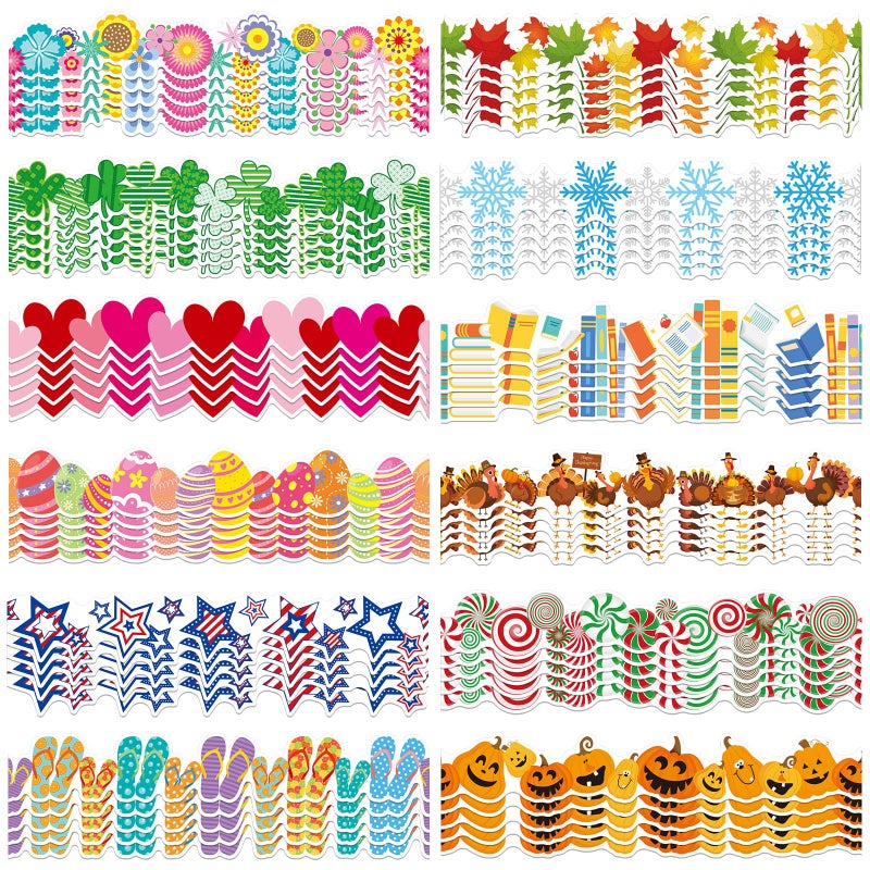 Geyee 360 Pcs Valentines Bulletin Board Borders Decorations Summer St. Patrick's Holiday Spring Easter Valentine Classroom Borders Bulletin Board Trim for Classroom School, 12 Design(Pretty) - Image 1