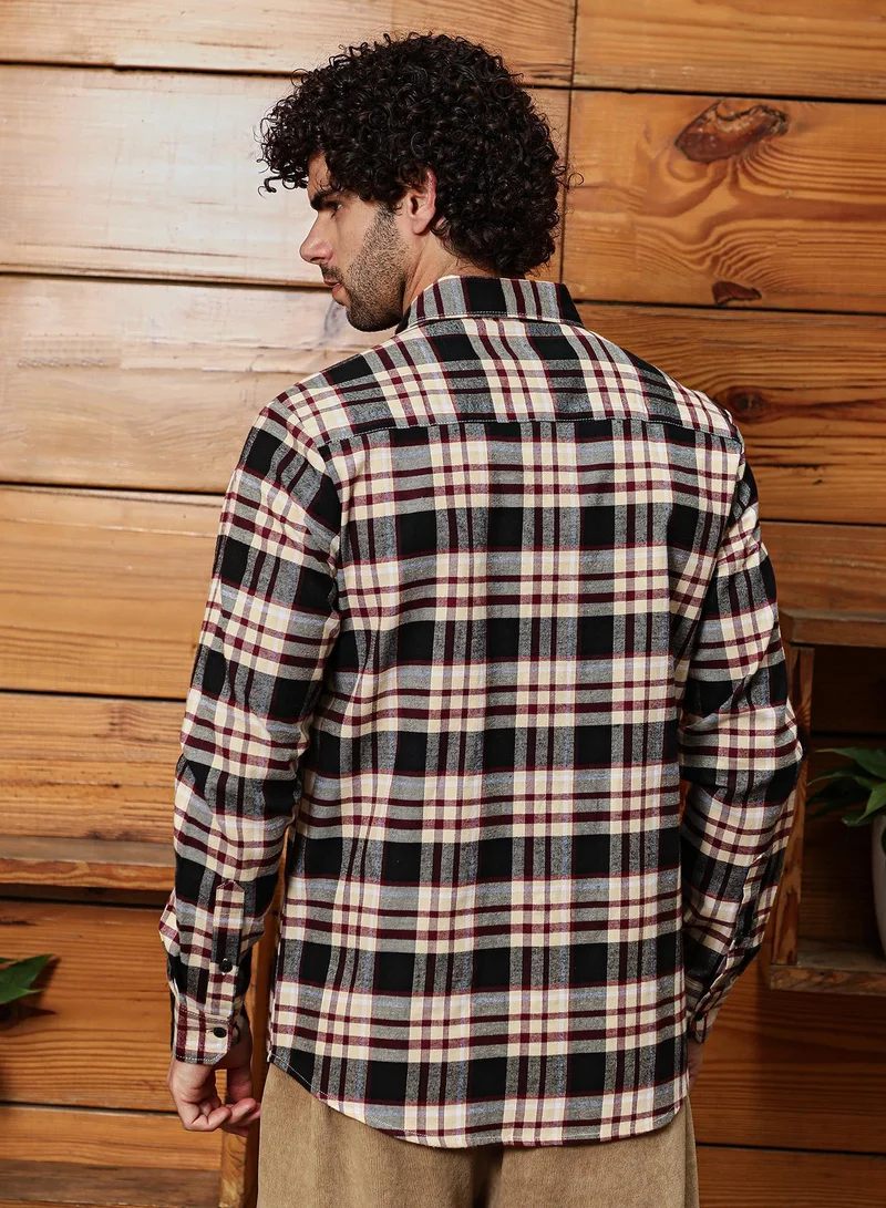 كامبوس سوترا Men's Midnight Black & Buff Beige Dark-Plaid Relaxed Shirt