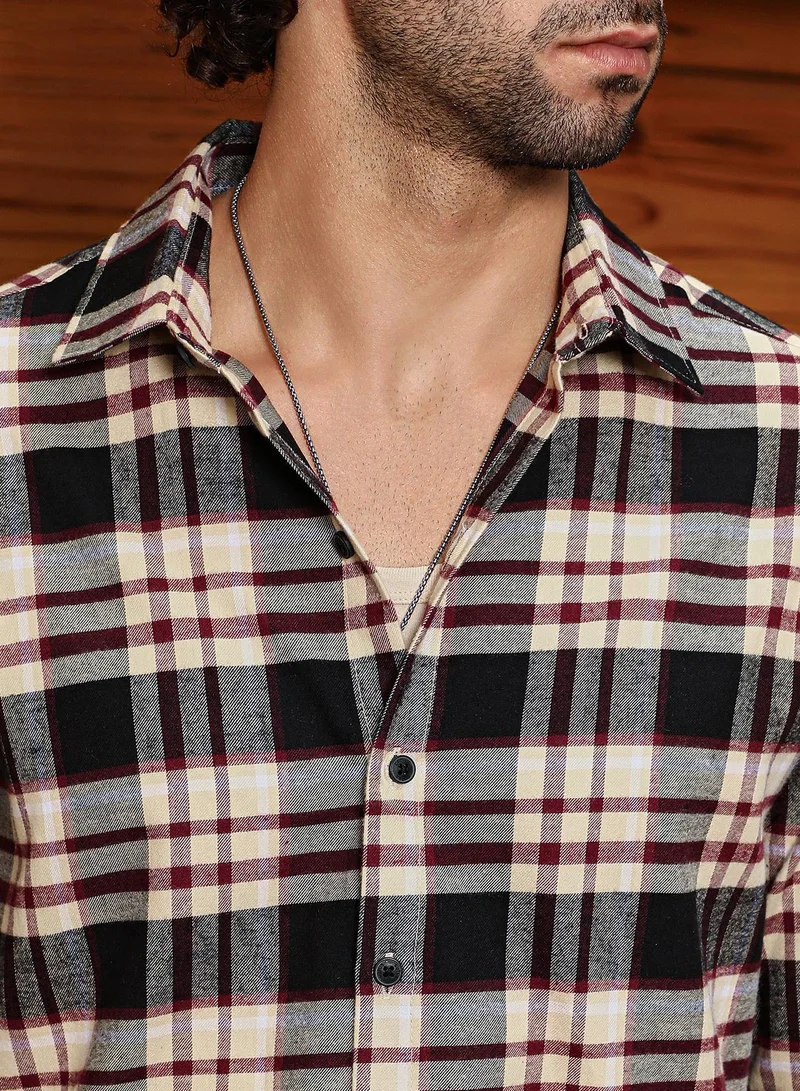 كامبوس سوترا Men's Midnight Black & Buff Beige Dark-Plaid Relaxed Shirt