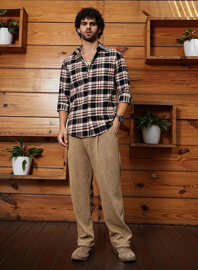 كامبوس سوترا Men's Midnight Black & Buff Beige Dark-Plaid Relaxed Shirt