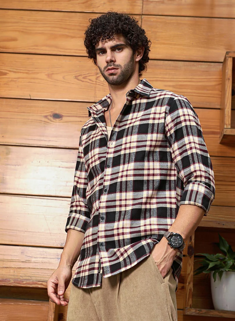 كامبوس سوترا Men's Midnight Black & Buff Beige Dark-Plaid Relaxed Shirt
